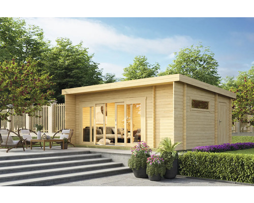 Holzgartenhaus mit Terrassenmöbeln und Treppe