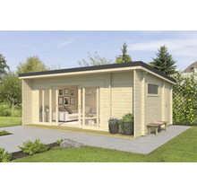 Abri de jardin moderne avec portes coulissantes et toit plat dans le jardin.