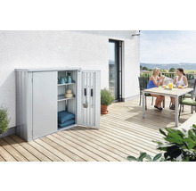 Armoire de jardin en métal avec porte ouverte sur une terrasse, contenant des outils de jardin et de la décoration