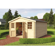 Gartenhaus aus Holz mit geöffneter Doppeltür und Fenstern im Garten