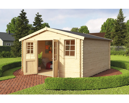 Gartenhaus aus Holz mit geöffneter Doppeltür und Fenstern im Garten