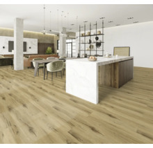 Salon lumineux avec plancher en bois, table à manger et îlot de cuisine