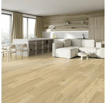 Espace de vie lumineux avec parquet, canapé et kitchenette