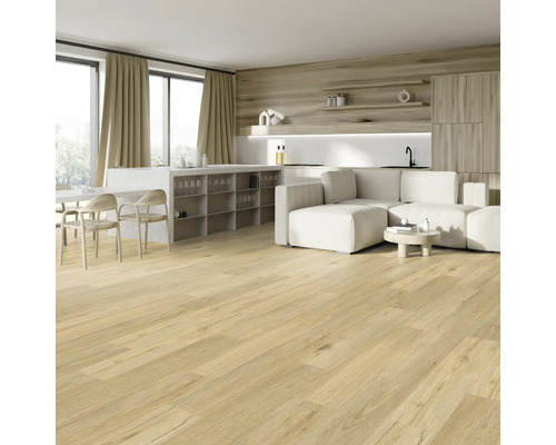 Espace de vie lumineux avec parquet, canapé et kitchenette