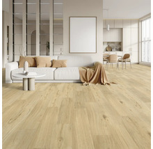 Espace de vie lumineux avec parquet, canapé, table et coin cuisine.