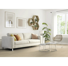 Salon lumineux avec canapé, étagères et décorations