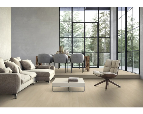 Salon avec canapé, chaises, table et grande fenêtre donnant sur les arbres