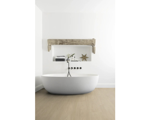 Salle de bains avec baignoire îlot, espace de rangement et éléments décoratifs pour une ambiance claire et spacieuse