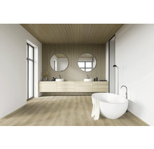 Salle de bain moderne avec double vasque, miroirs ronds, baignoire îlot et panneaux en bois