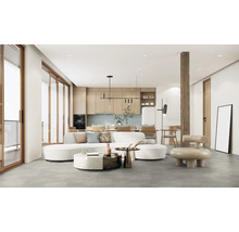 Espace de vie avec canapé, comptoir de cuisine et éléments en bois pour un intérieur moderne