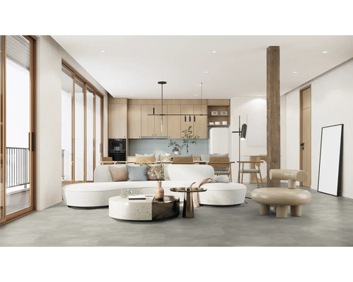 Espace de vie avec canapé, comptoir de cuisine et éléments en bois pour un intérieur moderne