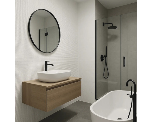 Modernes Badezimmer mit Waschtisch, Spiegel, Dusche und Badewanne