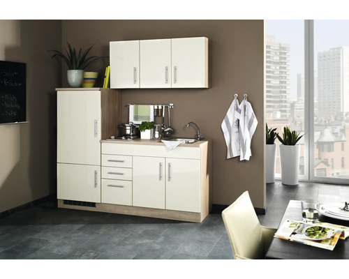 Kompakte Küchenzeile mit Spüle, Kochfeld, Hängeschrank und Kühlschrank in modernem Design.