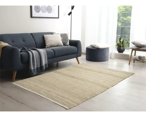 Salon avec canapé, tabouret et tapis à chevrons