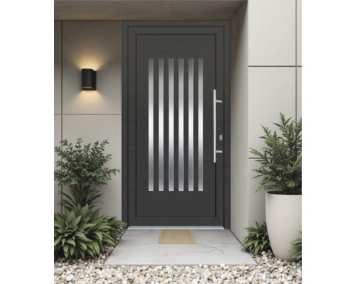Moderne Haustür mit Glaseinsätzen und Edelstahlgriff