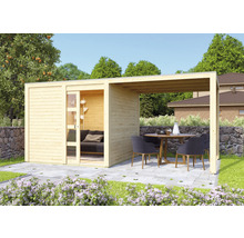 Maison de jardin en bois avec auvent et coin salon extérieur