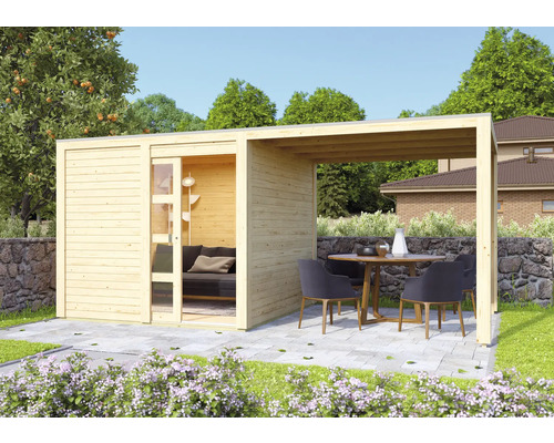 Abri de jardin Karibu Carlson 2 avec toit en appentis et film de toit autocollant 500x248 cm naturel