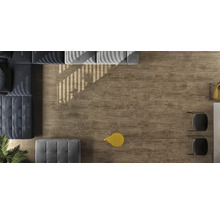 Vue de dessus d''une pièce avec carrelage aspect bois, canapé et chaises