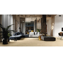 Wohnzimmer mit Sofa, Sessel, Zimmerpflanzen und indirekter Beleuchtung