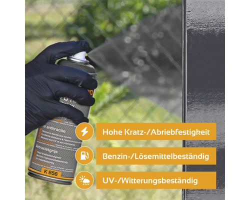 Anthrazitfarbene Sprühfarbe in Aktion mit Hinweisen zu Kratzfestigkeit, Benzinbeständigkeit und UV-Beständigkeit