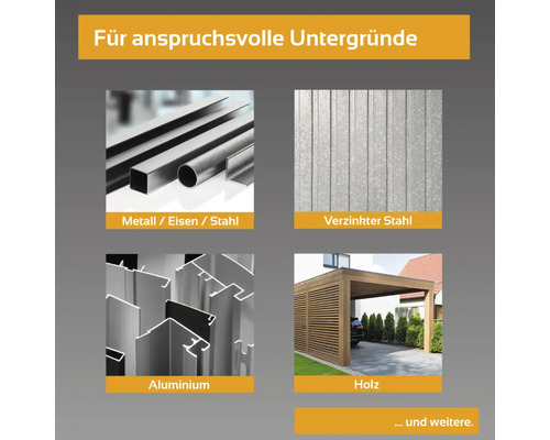 Materialien für anspruchsvolle Untergründe: Metall, Eisen, Stahl, verzinkter Stahl, Aluminium, Holz.