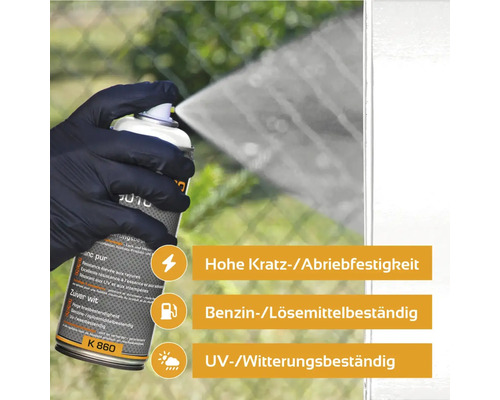 Lack Spraydose mit Hinweisen zu Kratzfestigkeit, Benzinbeständigkeit und UV-Beständigkeit.