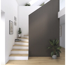 Couloir lumineux avec escalier, panneaux muraux et plantes d''intérieur.