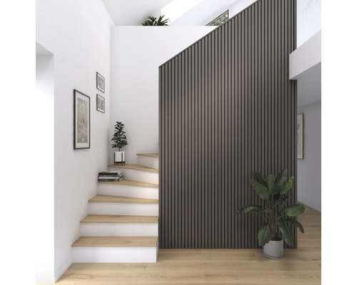 Couloir lumineux avec escalier, panneaux muraux et plantes d''intérieur.