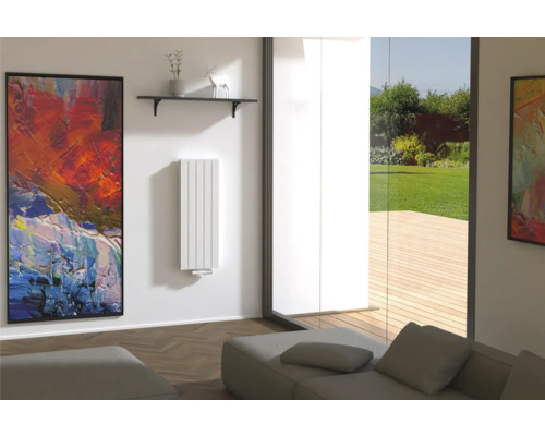 Heller Wohnraum mit Heizkörper, Sofa und Kunstwerken