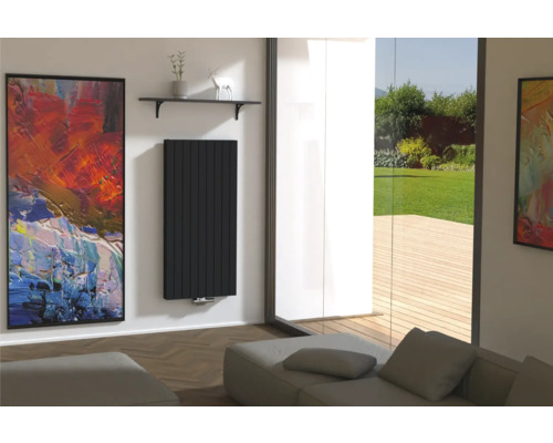 Modernes Wohnzimmer mit schwarzem Heizkörper, Kunstwerk und Blick ins Grüne.