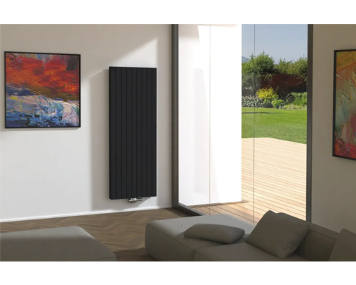 Modernes Wohnzimmer mit Designheizkörper, Sofa und Gemälden