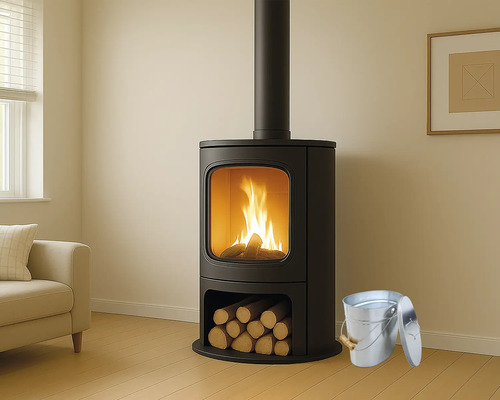 Poêle à bois avec bûches et seau en métal dans le salon