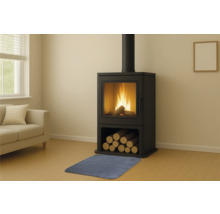 Poêle à bois avec bûches et tapis de protection dans un salon.