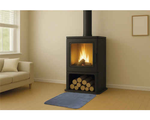 Poêle à bois avec bûches et tapis de protection dans un salon.