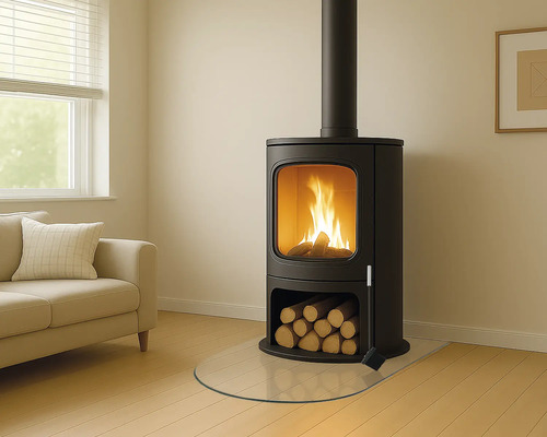 Poêle à bois avec bûches sous les flammes et plaque de sol en verre dans le salon