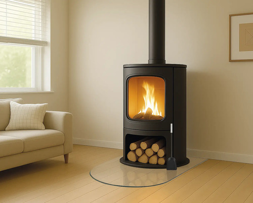 Brennender Kaminofen im Wohnzimmer mit Holzscheiten und Kamingarnitur