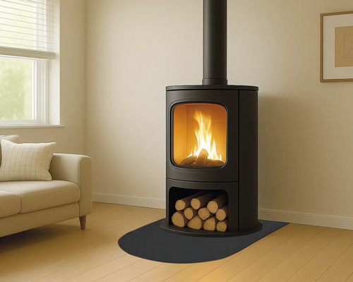 Poêle à bois avec rangement pour le bois et feu de cheminée dans le salon