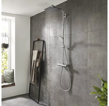 Badezimmer mit Duschsystem mit Kopf- und Handbrause sowie Handtuchhalter