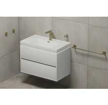 Salle de bains avec meuble sous-lavabo, lavabo, robinetterie, porte-serviettes, distributeur de savon et patères murales