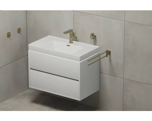 Meuble-lavabo avec meuble sous-vasque, robinetterie, distributeur de savon et porte-serviettes dans la salle de bain