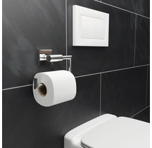 Badezimmer mit Toilettenpapierhalter, Betätigungsplatte und Toilette