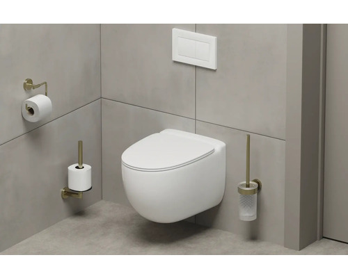 Salle de bains moderne avec WC suspendu, support papier toilette et brosse WC