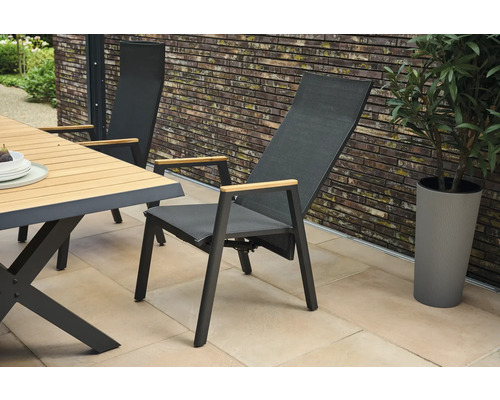 Scène de mobilier de jardin avec table, chaises et plante en pot