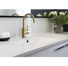 Badezimmerwaschtisch mit goldener Armatur, weißem Waschbecken und dekorativer Blumenvase