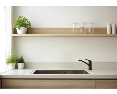 Évier de cuisine avec robinet, plan de travail et étagères avec décoration