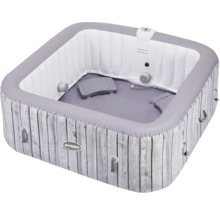 Bain à remous gonflable avec aspect bois et éléments de commande.