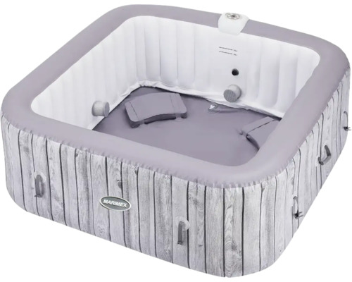 Bain à remous gonflable avec aspect bois et éléments de commande.
