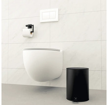 Scène avec des toilettes suspendues, un porte-papier toilette, une plaque de commande et une poubelle à pédale.