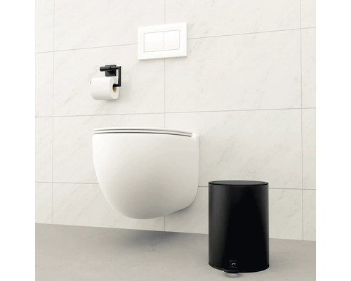 Scène avec des toilettes suspendues, un porte-papier toilette, une plaque de commande et une poubelle à pédale.