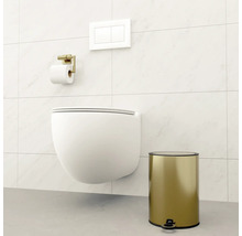 Salle de bains moderne avec WC suspendu, porte-papier toilette et poubelle à pédale